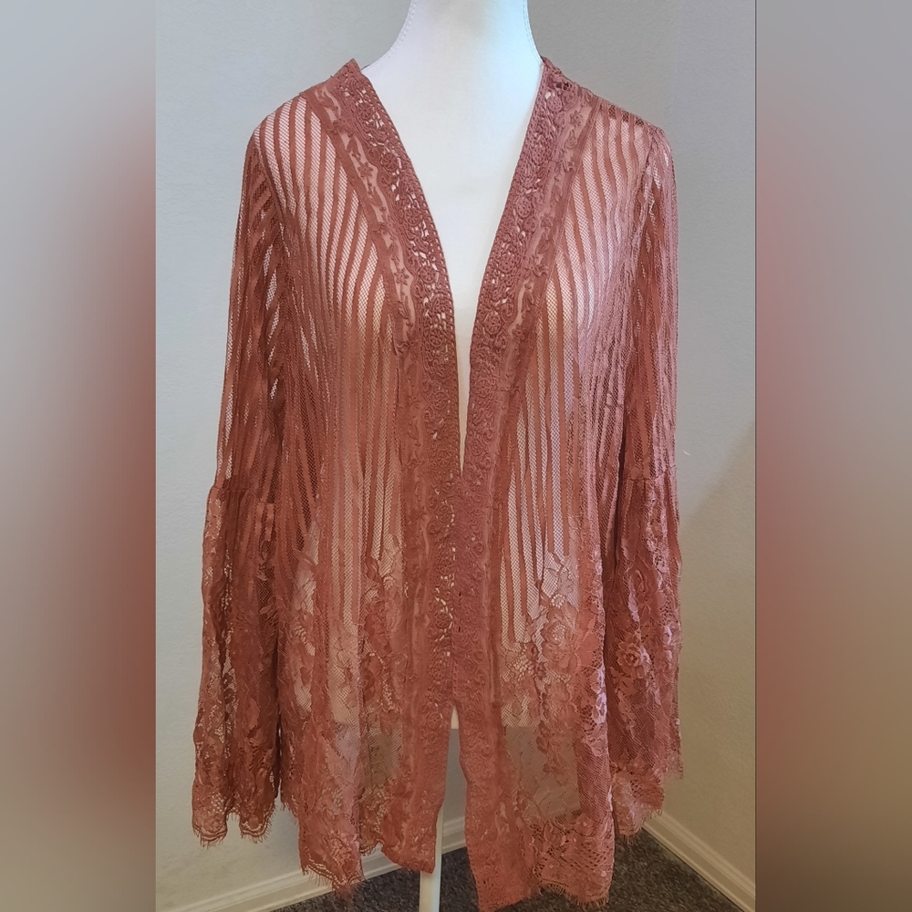 Feminine lace Dusty Rose Boho Romantic Fairy Bell Sleeved Cardigan Sheer Top